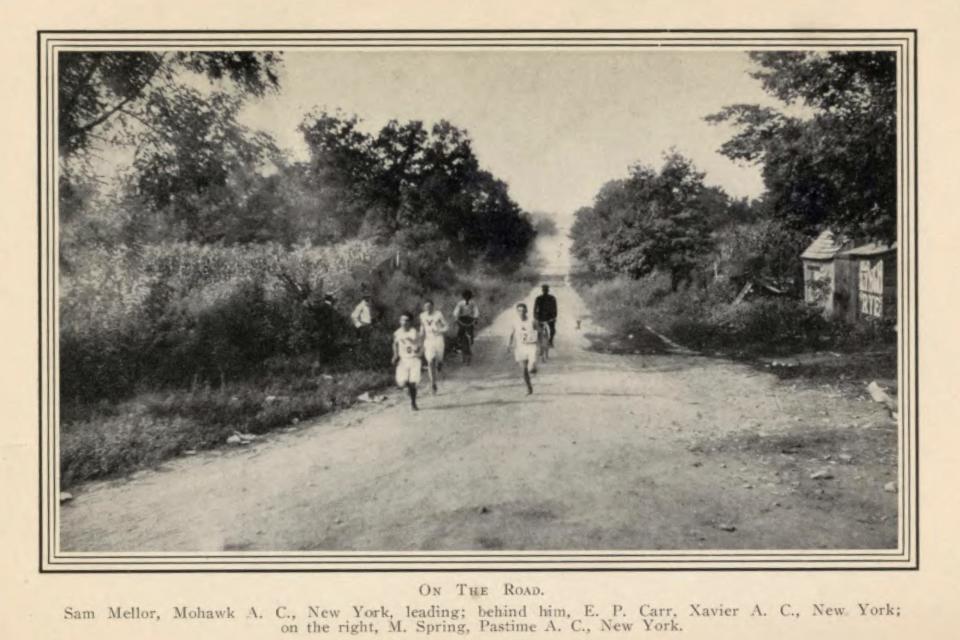 This image provided by the Library of Congress, shows competitors in the marathon at the 1904 Olympic games in St. Louis.