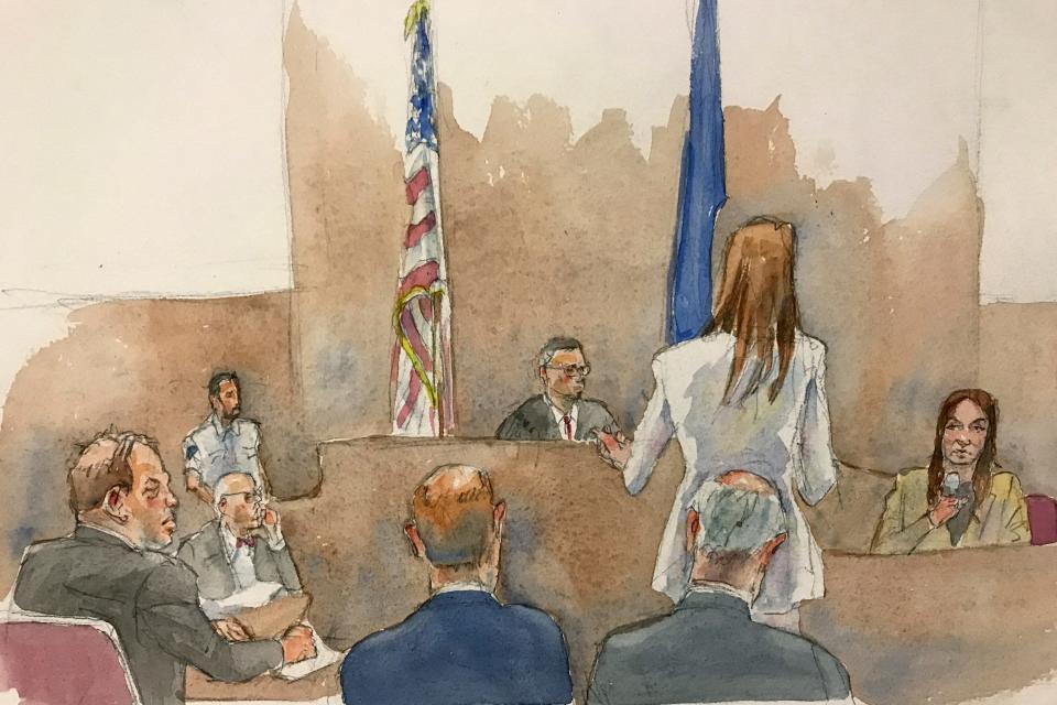 A courtroom sketch with Harvey Weinstein, far left, Assistant District Attorney Meghan Hast, second from right, and witness Mimi Haleyi, far right, during Haleyi's testimony in Weinstein's sex-crimes trial, Jan. 27, 2020, in New York. Judge James Burke is seated between two flags.