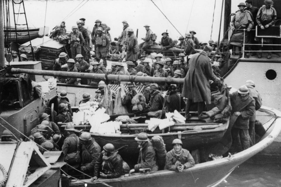 After a successful emergency sealift from a beachhead at Dunkirk, these British and French soldiers arrive safely at an unknown British port, in June 1940. Over three houndred thousand Allied troops from Belgium, France and England were rescued in this evacuation effort, code-named Operation Dynamo. 