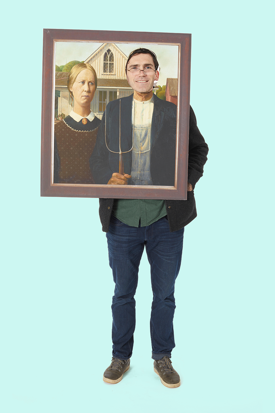<p>Get a print-out of Grant Wood's painting and cut a hole in it for your face. It's quick, easy and a soon-to-be American classic. </p>