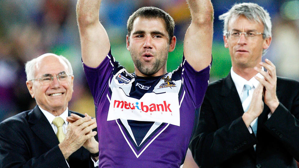 Cameron Smith, pictured here with David Gallop after the 2007 NRL grand final. 