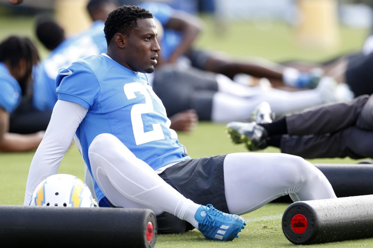 Chargers cornerback J.C. Jackson stretches during training camp.