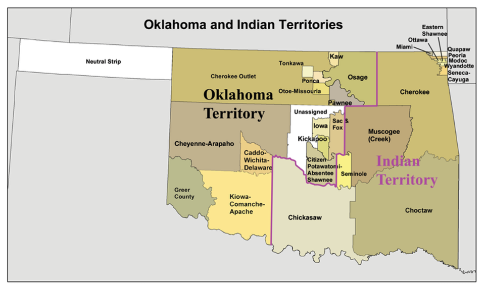 Congress granted Eastern Oklahoma to Native tribes in the 19th century. <a href="https://commons.wikimedia.org/wiki/File:Okterritory.png" rel="nofollow noopener" target="_blank" data-ylk="slk:Kmusser/Wikimedia Commons;elm:context_link;itc:0;sec:content-canvas" class="link ">Kmusser/Wikimedia Commons</a>, <a href="http://creativecommons.org/licenses/by/4.0/" rel="nofollow noopener" target="_blank" data-ylk="slk:CC BY;elm:context_link;itc:0;sec:content-canvas" class="link ">CC BY</a>