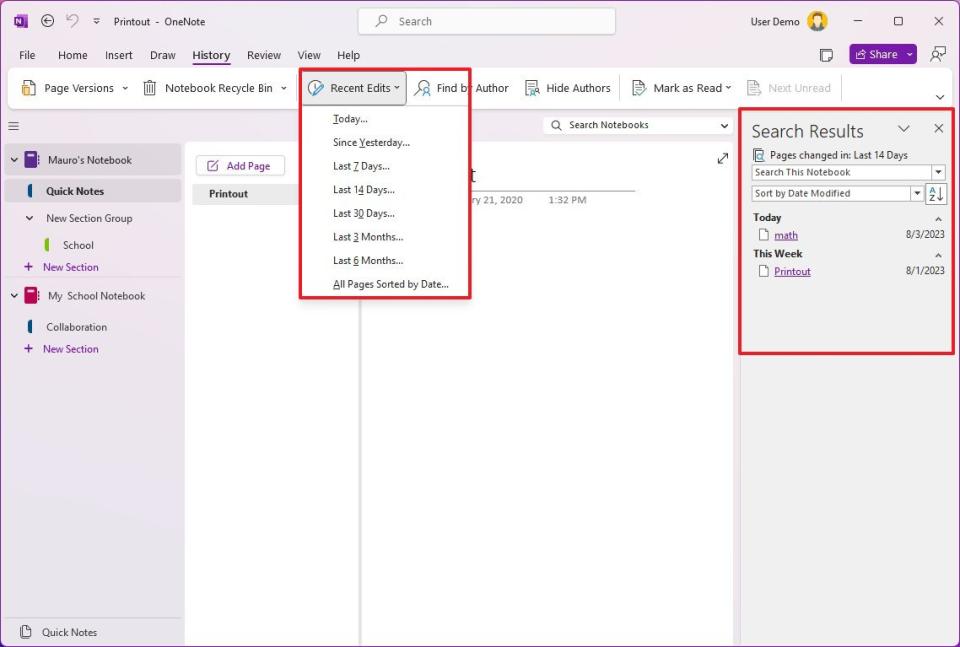 OneNote recent edits