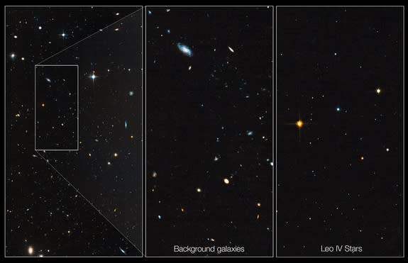 Dwarf galaxy Leo IV is hard to spot (left). A close-up view of the background galaxies within the box is shown in the middle image. The image at right shows only the stars in Leo IV. Image released July 10, 2012.