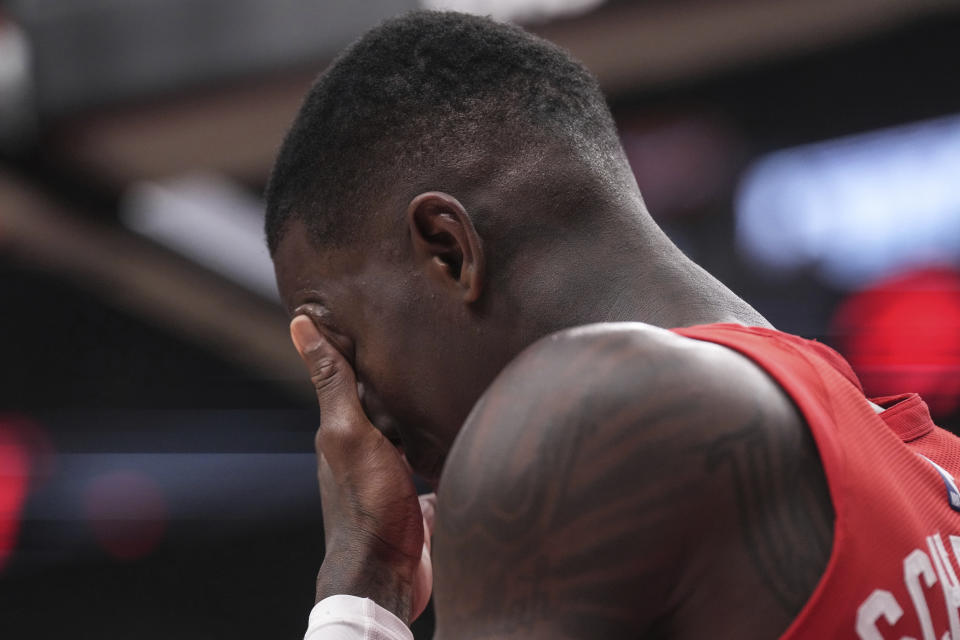 Toronto Raptors guard Dennis Schroder reacts during his team's loss to the Miami Heat after an NBA basketball game, Wednesday, Dec. 6, 2023 in Toronto. (Chris Young/The Canadian Press via AP)