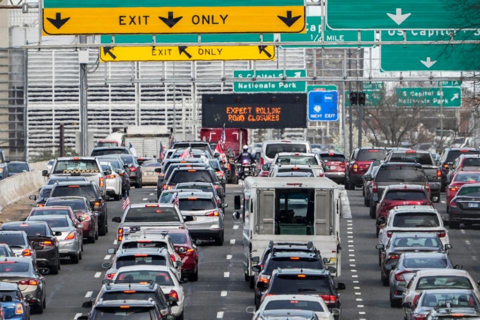 Heavy traffic slowly crawls on I-395 due to the trucker convoy protest on March 18, 2022 in Washington, DC (Getty Images)