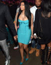 Nicki Minaj made sure all eyes were on her in her bright turquiose Hervé Leger dress.