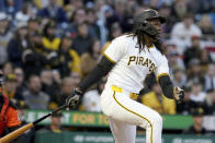 Pittsburgh Pirates' Oneil Cruz watches his walkoff single during the 11th inning of a baseball game against the Baltimore Orioles, Saturday, April 6, 2024, in Pittsburgh. (AP Photo/Matt Freed)