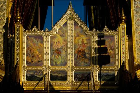 A mural is seen at the Royal Crematorium site for the late King Bhumibol Adulyadej near the Grand Palace in Bangkok, Thailand October 20, 2017. Picture taken October 20, 2017. REUTERS/Athit Perawongmetha