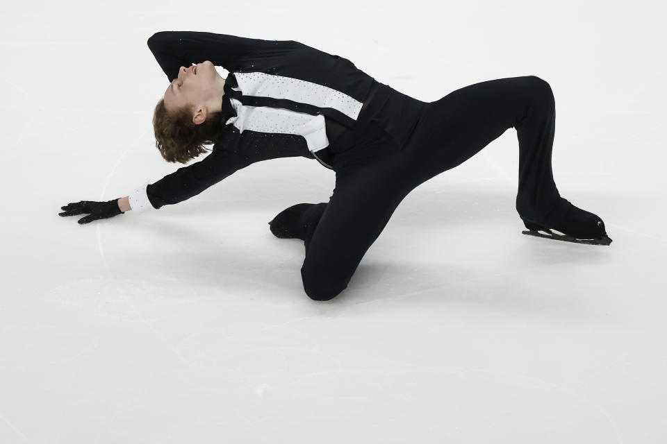 Ilia Malinin performs during the men's short program at the U.S. figure skating championships in San Jose, Calif., Friday, Jan. 27, 2023. (AP Photo/Josie Lepe)