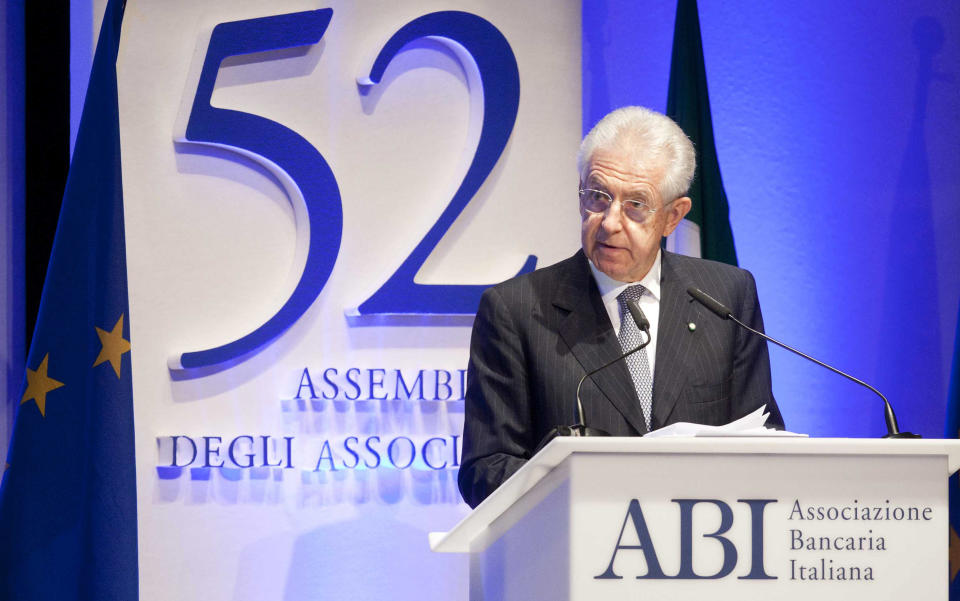 Italian Premier Mario Monti delivers his speech during the 52nd Italian Banking Association (ABI) annual assembly in Rome, Wednesday, July 11, 2012. Monti has ruled out running for office when his term ends, in the spring of 2013, while predecessor Silvio Berlusconi is reportedly considering entering the race. (AP Photo/Mauro Scrobogna, Lapresse)