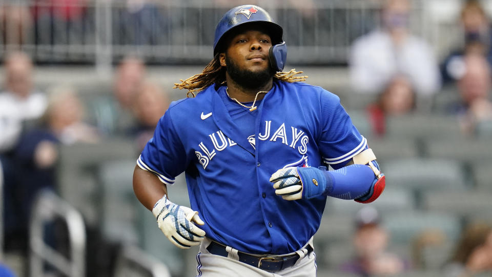 ATLANTA, GA - MAY 11: Vladimir Guerrero Jr. #27 of the Toronto Blue Jays heads to first base during the Tuesday night MLB game between the Toronto Blue Jays and the Atlanta Braves on May 11, 2021 at Truist Park in Atlanta, Georgia.  (Photo by David J. Griffin/Icon Sportswire via Getty Images)