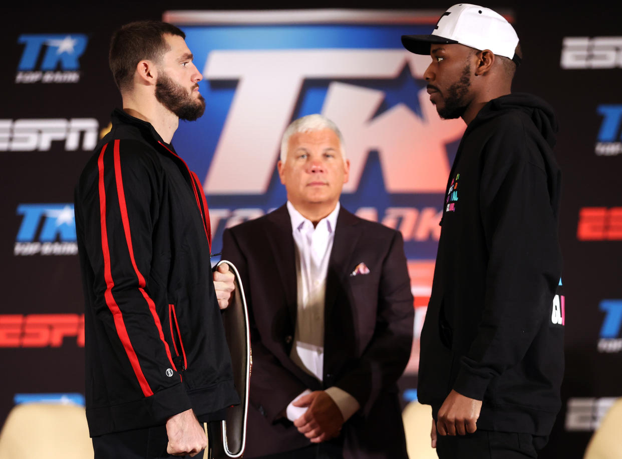 VERONA, NEW YORK - JANUARY 13: Joe Smith Jr (L) and Steve Geffrard (R) face-off during the press conference for the WBO light heavyweight championship fight at Turning Stone Resort Casino on January 13, 2022 in Verona, New York. (Photo by Mikey Williams/Top Rank Inc via Getty Images)