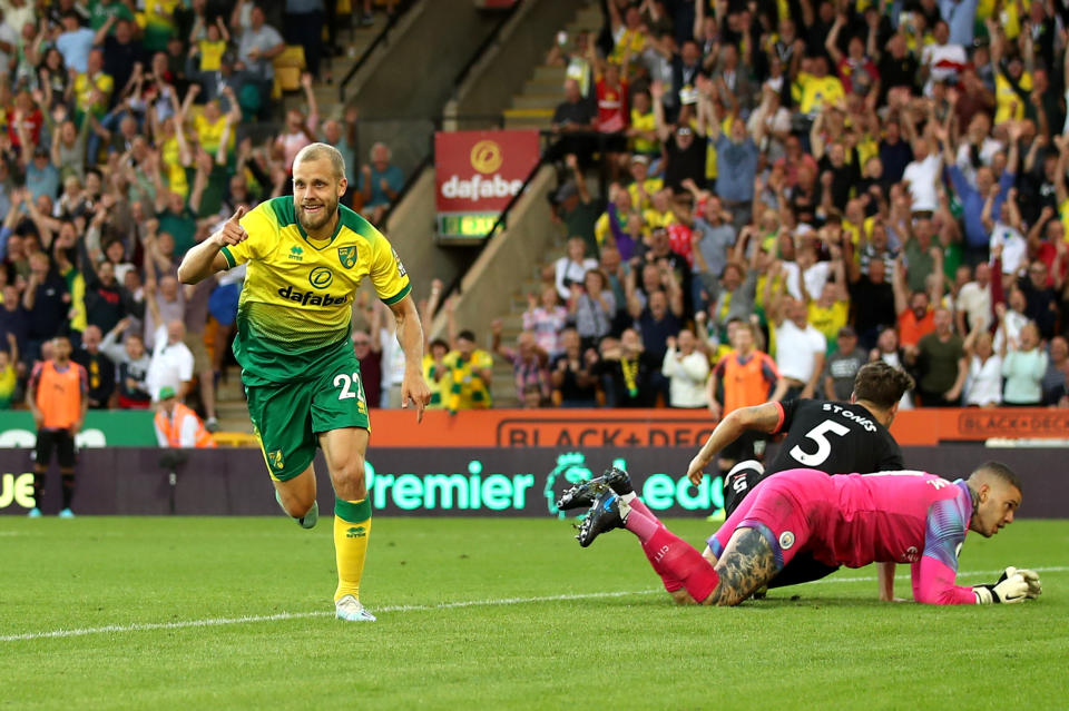 Teemu Pukki of Norwich City celebrates after scoring his team's third goal. (Photo by Marc Atkins/Getty Images)