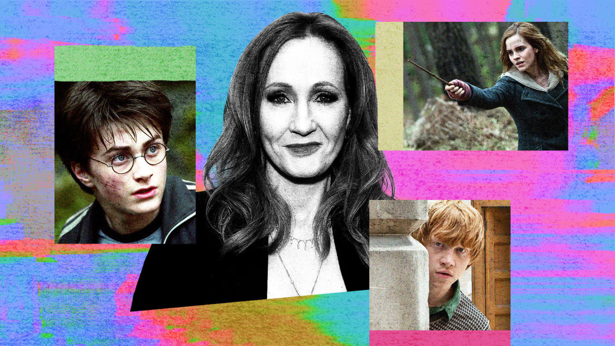 Warner Bros. Discovery is moving forward with a new Harry Potter series despite the controversy over Wizarding World creator, J.K. Rowling. (Illustration by Quinn Lemmers for Yahoo. Photos: Getty Images and Everett Collection)