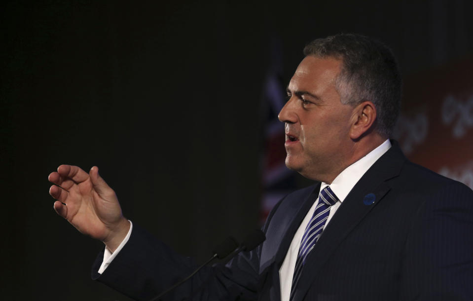 Australia's Treasurer Joe Hockey delivers a closing statement to the media during a press conference at the G-20 Finance Ministers and Central Bank Governors meeting in Sydney, Australia, Sunday, Feb. 23, 2014.(AP Photo/Rob Griffith)