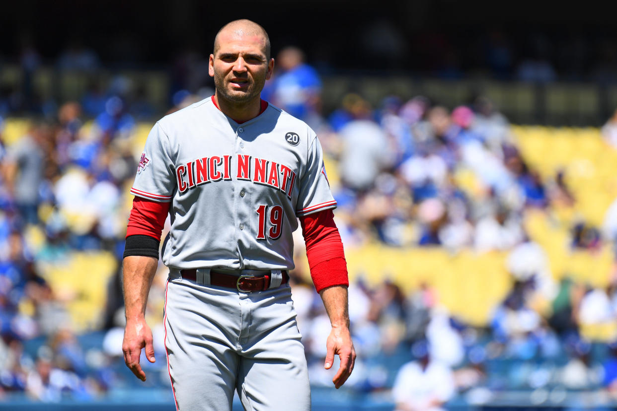 Reds star Joey Votto popped out to first base for first time in MLB career. It took 6,829 career plate appearances. (Photo by Brian Rothmuller/Icon Sportswire via Getty Images)