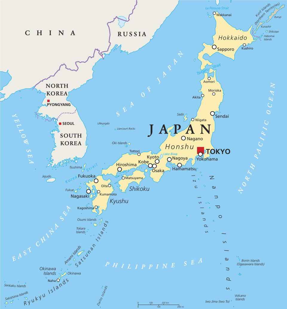 A map of Japan shows the capital Tokyo, national borders and other important cities. / Credit: Getty Images/iStockphoto