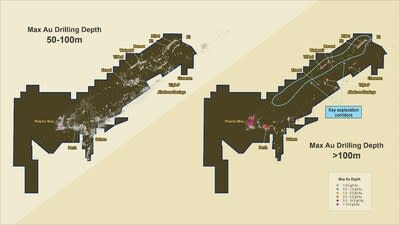 Figure 6:  Plutonic gold belt showing mineralisation below 100m versus drilling density below 100m (CNW Group/Catalyst Metals LTD.)