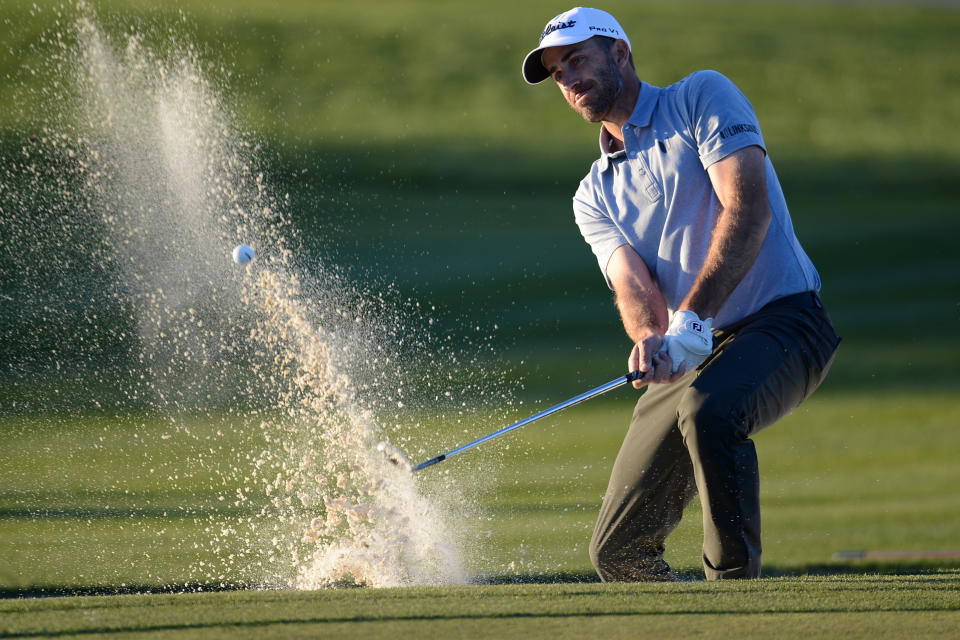 Geoff Ogilvy hits out of a bunker on the 9th during the second round of the Waste Management Phoenix Open at TPC Scottsdale. (Photo: Joe Camporeale-USA TODAY Sports)