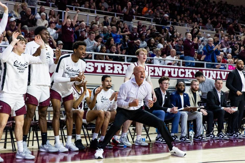 Eastern Kentucky men’s basketball head coach A.W. Hamilton reacts of the sideline during EKU’s home win over North Florida on Jan. 27, 2024. Hamilton and the Colonels are still undefeated in ASUN Conference play.