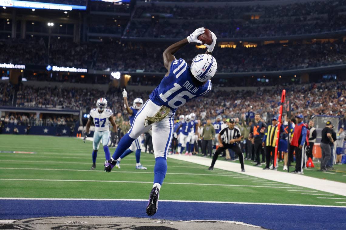 Indianapolis Colts’ Ashton Dulin (16) makes a touchdown catch during the first half on Sunday against the Dallas Cowboys at AT&T Stadium.