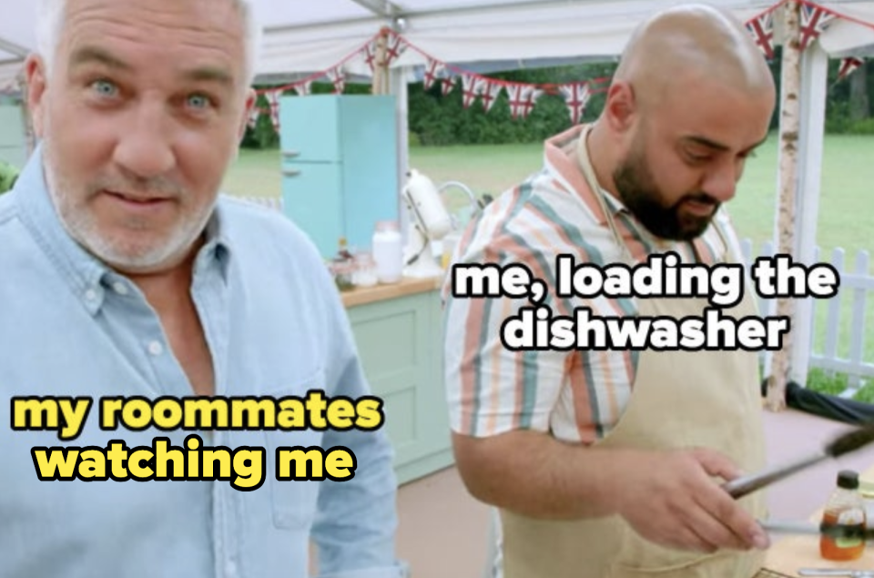 a meme in which a struggling george is me loading the dishwasher and an annoyed paul is my roommates watching me