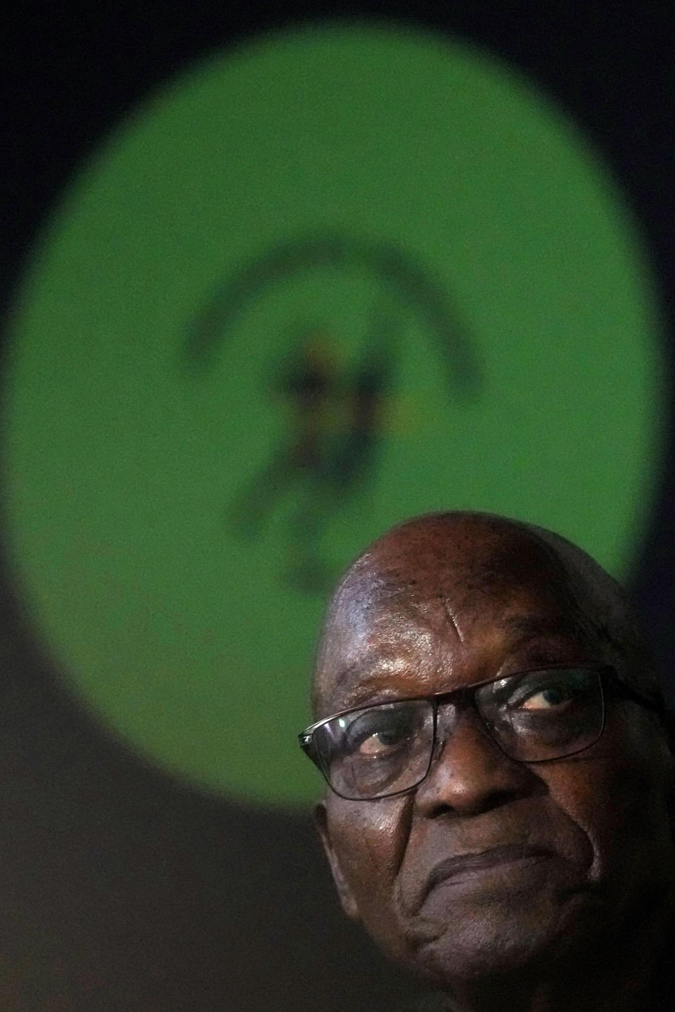 Former South African President Jacob Zuma looks on during a press conference in Soweto, South Africa, Saturday, Dec. 16, 2023. Zuma has denounced his ruling African National Congress party and announced that he will vote for a newly-formed political formation in the country's general election next year. (AP Photo/Themba Hadebe)