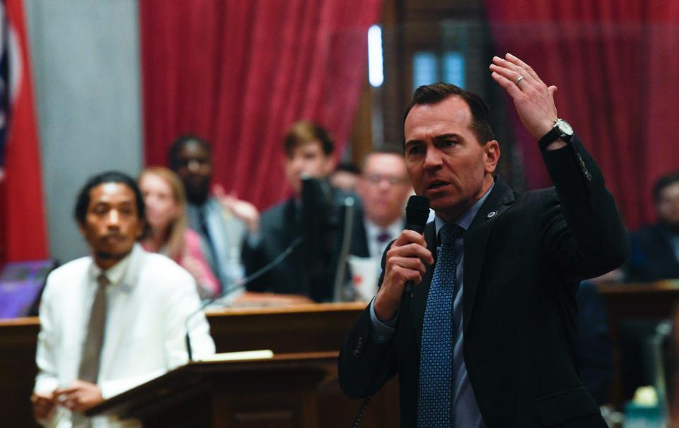 Democratic Caucus Chairman John Ray Clemmons rails against Republican lawmakers after they voted to expel Justin Jones, D-Nashville, from the House of Representatives at the Tennessee State Capitol in Nashville, Tenn., on Thursday, April 6, 2023.