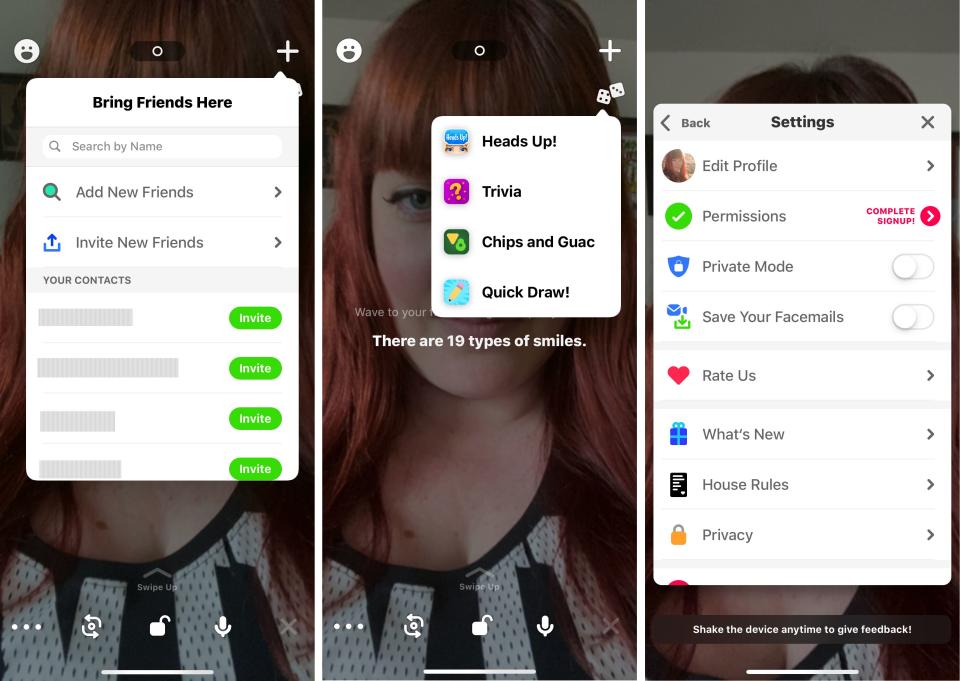 From the home screen, you can add friends, start a game, update your settings and more. (Photo: Houseparty app for iPhone)