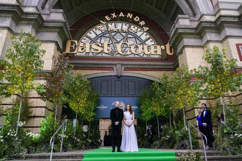 Britain's Prince William and Kate, Duchess of Cambridge attend the first ever Earthshot Prize Awards Ceremony at Alexandra Palace in London on Sunday Oct. 17, 2021. Created by Prince William and The Royal Foundation, The Earthshot Prize has led an unprecedented global search for the most inspiring and innovative solutions to the greatest environmental challenges facing the planet. (AP Photo/Alberto Pezzali, pool)