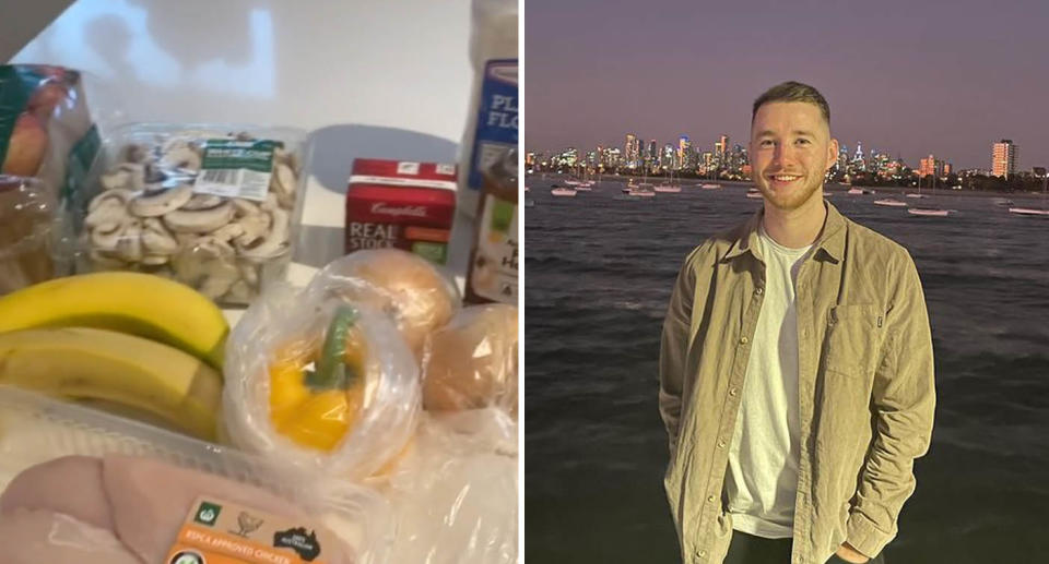 One photo of a man's grocery haul from Woolies. Another photo of the man from London living in Melbourne, posing for a photo.