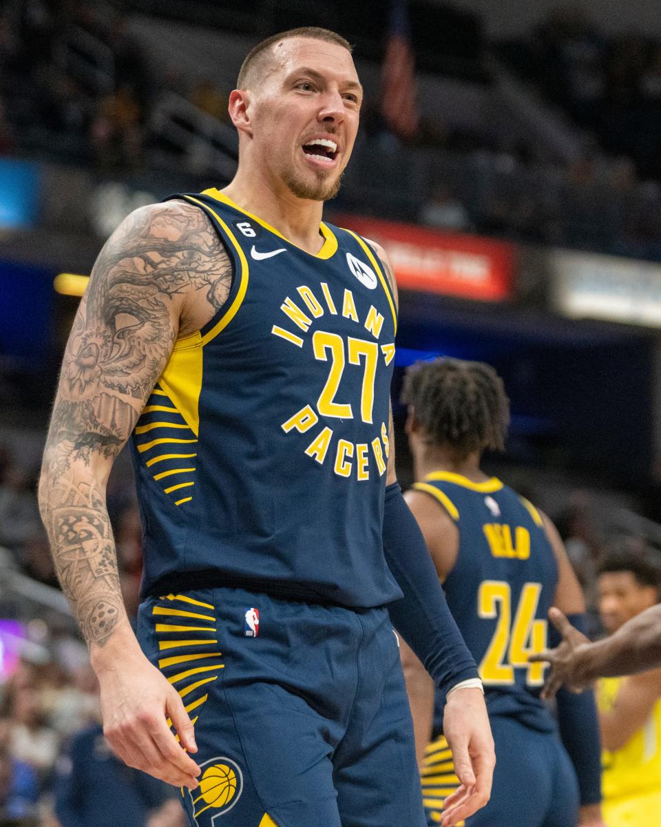 Indiana Pacers center Daniel Theis (27) reacts to a call he didn’t like at Gainbridge Fieldhouse, Indianapolis, Monday, Feb. 13, 2023, during the Pacers 117-123 loss to Utah. 