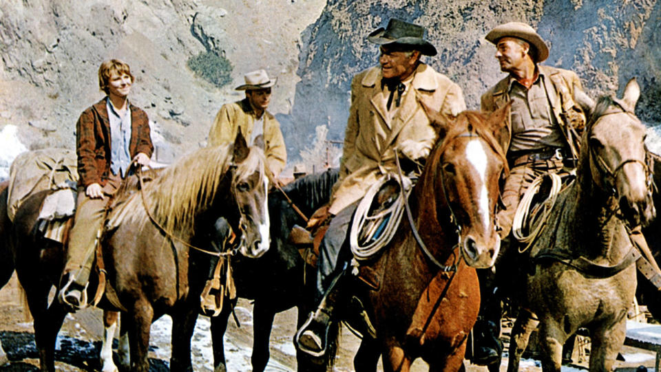 Mariette Hartley, Ron Starr, Joel McCrea, Randolph Scott in RIDE THE HIGH COUNTRY, 1962.