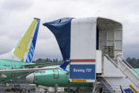 Boeing 737 MAX airliners are pictured at the company's factory on Thursday, Sept. 12, 2024, in Renton, Wash. (AP Photo/Stephen Brashear)