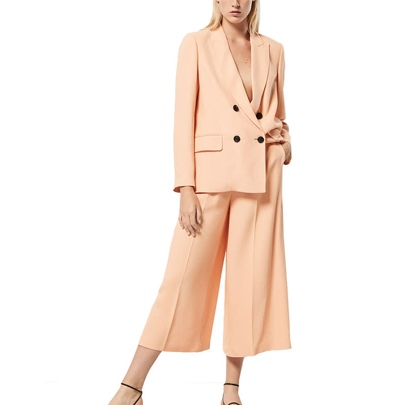 <p>Set off this pale peach set with optic white accessories.</p> <p><a rel="nofollow noopener" href="https://www.massimodutti.com/us/women/blazers/slim-fit-double-breasted-blazer-c675008p8105018.html?colorId=666&categoryId=675008" target="_blank" data-ylk="slk:Slim Fit Double-Breasted Blazer, Massimo Dutti $250;elm:context_link;itc:0;sec:content-canvas" class="link ">Slim Fit Double-Breasted Blazer, Massimo Dutti $250</a></p> <p><a rel="nofollow noopener" href="https://www.massimodutti.com/us/women/trousers/view-all/culotte-fit-loose-trousers-c911198p8105019.html?colorId=666&categoryId=911198" target="_blank" data-ylk="slk:Culotte Fit Loose Trousers, Massimo Dutti $120;elm:context_link;itc:0;sec:content-canvas" class="link ">Culotte Fit Loose Trousers, Massimo Dutti $120</a></p>
