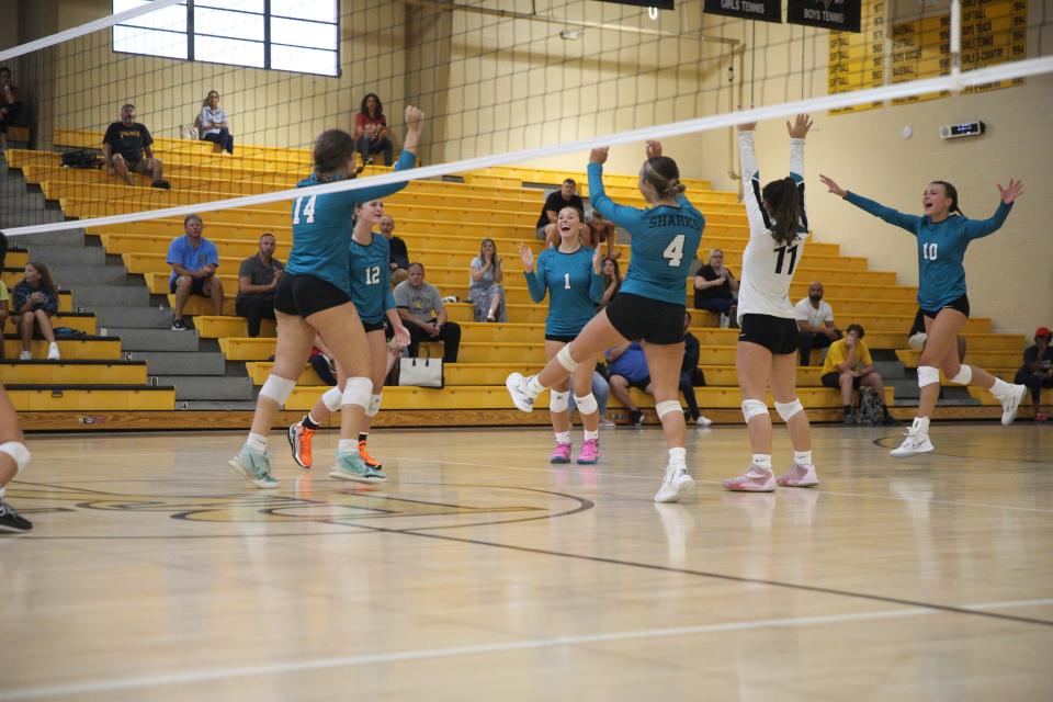 Action from pre season high school volleyball games at Bishop Verot on Wednesday, Aug. 16, 2023. Gulf Coast High School and Ida Baker High School played in the first game with Gulf Coast taking two sets to one set for Ida Baker. Bishop Verot won two sets to one set over Port Charlotte in the second game.