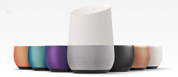 Google Home smart speaker with a variety of colored base options.