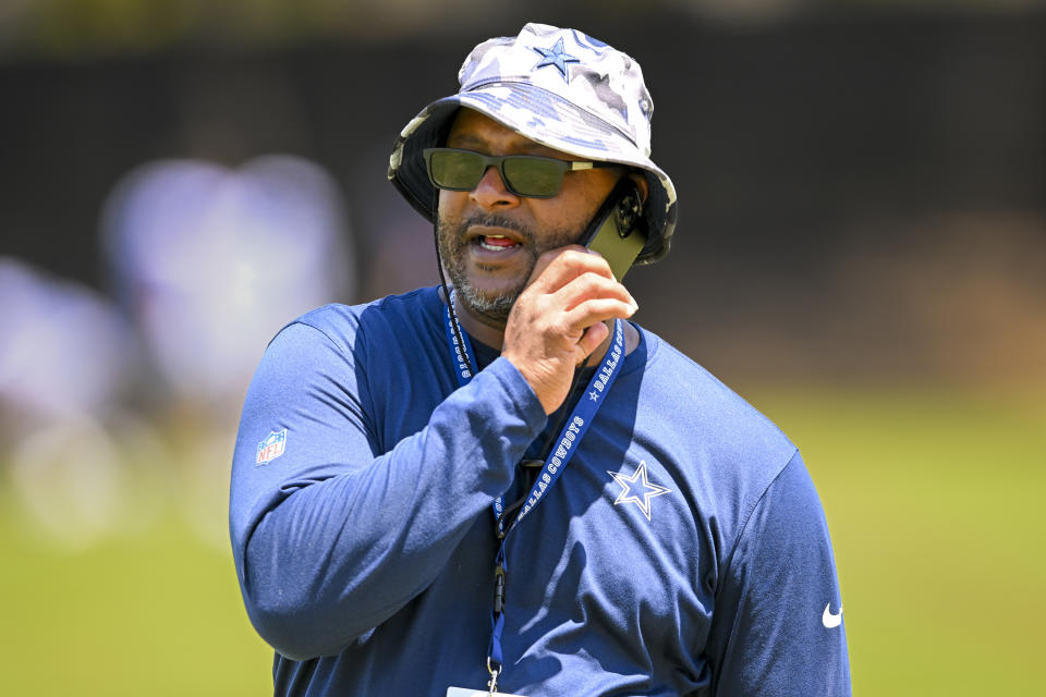 FILE - Will McClay, vice president of player personnel, looks on at the Dallas Cowboys NFL football training camp, Monday, Aug. 1, 2022, in Oxnard, Calif. Ryan Poles is among six general managers of color picked to fill the past 12 openings going back to early 2021, whereas McClay could have pushed the ratio past 50%. Instead, he has turned down several chances to take that title, choosing to stay on the staff of Dallas owner and GM Jerry Jones. (AP Photo/Gus Ruelas, File)