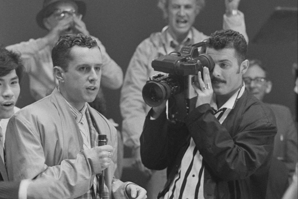 Holly Johnson and Paul Rutherford of Frankie Goes To Hollywood during the filming of the music video for their single Two Tribes in May 1984 (Getty Images)