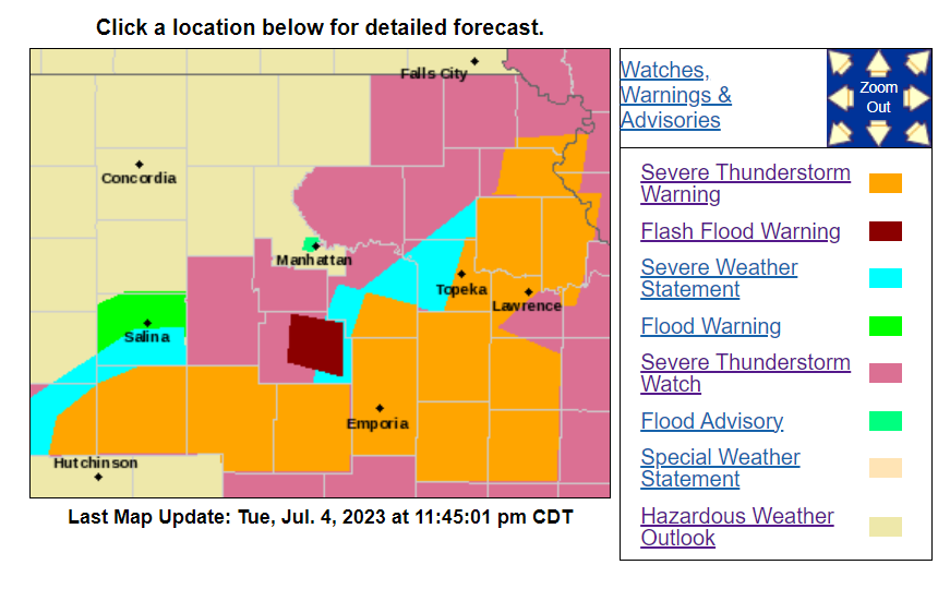 This graphic posted late Tuesday on the website of the National Weather Service's Topeka office identified areas that were under severe weather watches and warnings.