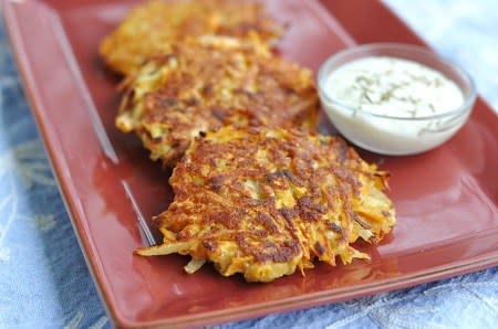 Sweet Potato Latkes with Applesauce Sour Cream