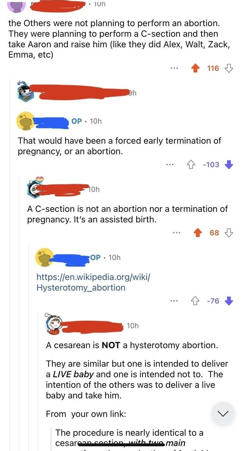 A person on a Lost forum says the Others were planning a C-section, not an abortion, and a responder says a C-section is a forced early termination, basically an abortion