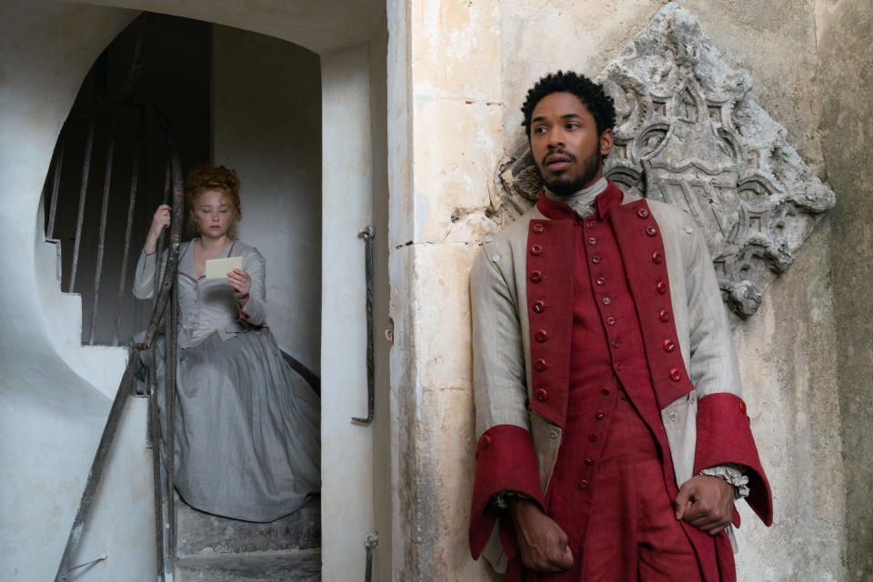 Haley Bennett stars as Roxanne and Kelvin Harrison Jr. as Christian in Joe Wright’s “Cyrano.” - Credit: Peter Mountain