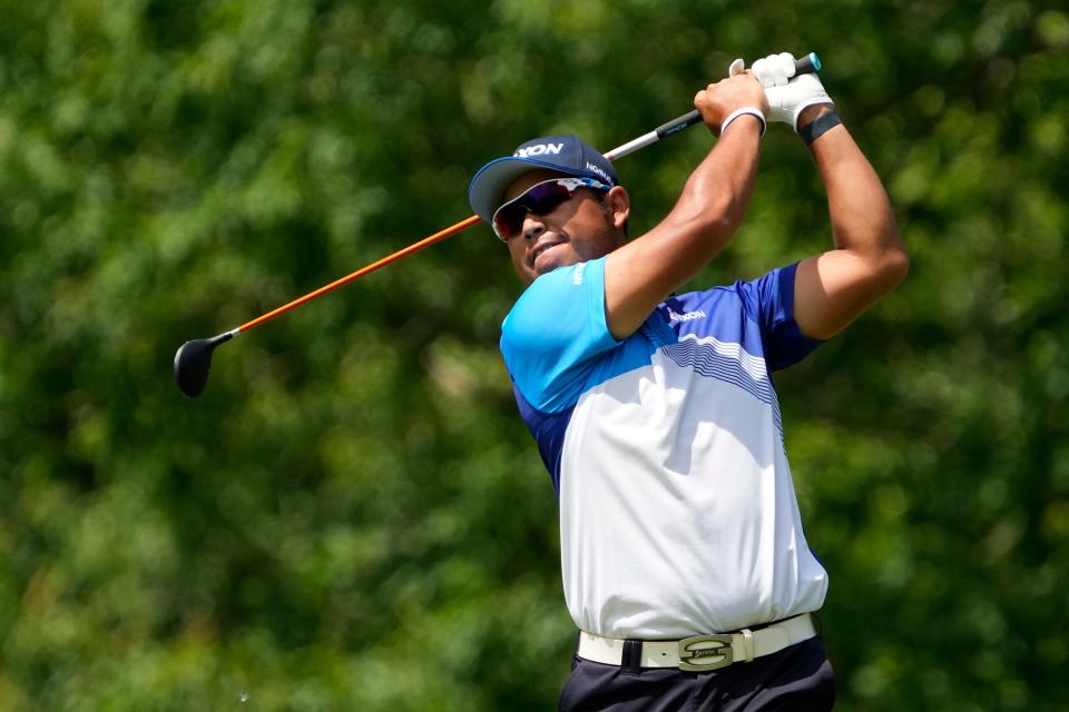 Jun 2, 2022; Dublin, Ohio, USA; Hideki Matsuyama tees off on the 9th hole during the first round of the Memorial Tournament at Muirfield Village Golf Club on June 2, 2022. Mandatory Credit: Adam Cairns-The Columbus Dispatch