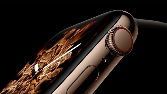 An extreme closeup of the Apple Watch Series 4 with the liquid metal face option.