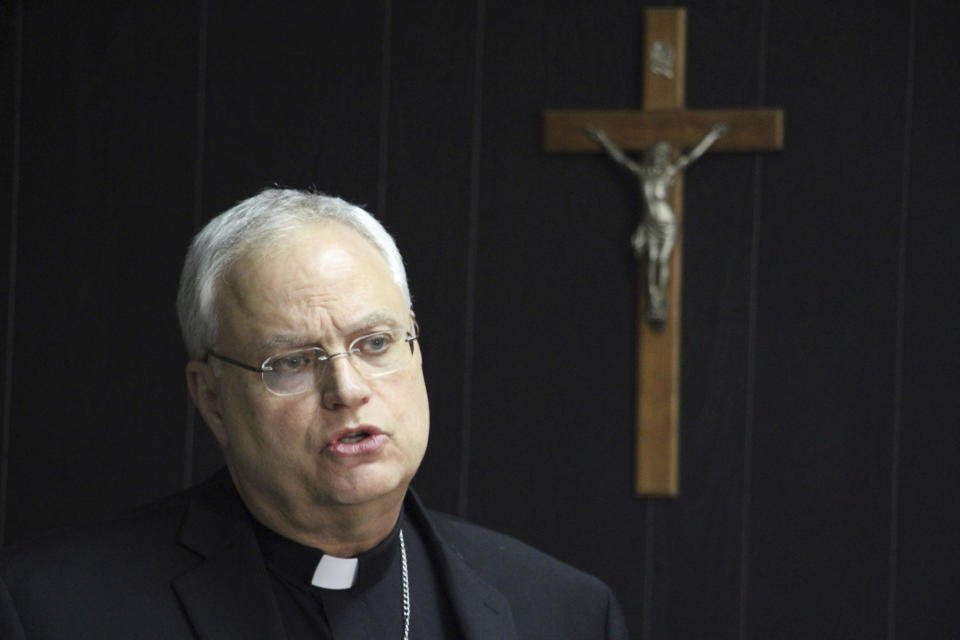 Catholic Bishop Andrew Bellisario speaks at a news conference Thursday, Jan. 16, 2020, in Anchorage, Alaska, announcing a review commissioned by the Archdiocese of Anchorage found credible evidence of sexual misconduct by 14 people who served in the archdiocese dating to 1966. The commission was charged with reviewing personnel files of "clerics and religious men and women" who served in the archdiocese dating to 1966, as well as reviewing allegations of sexual misconduct of lay volunteers and employees reported to the archdiocese. (AP Photo/Mark Thiessen)