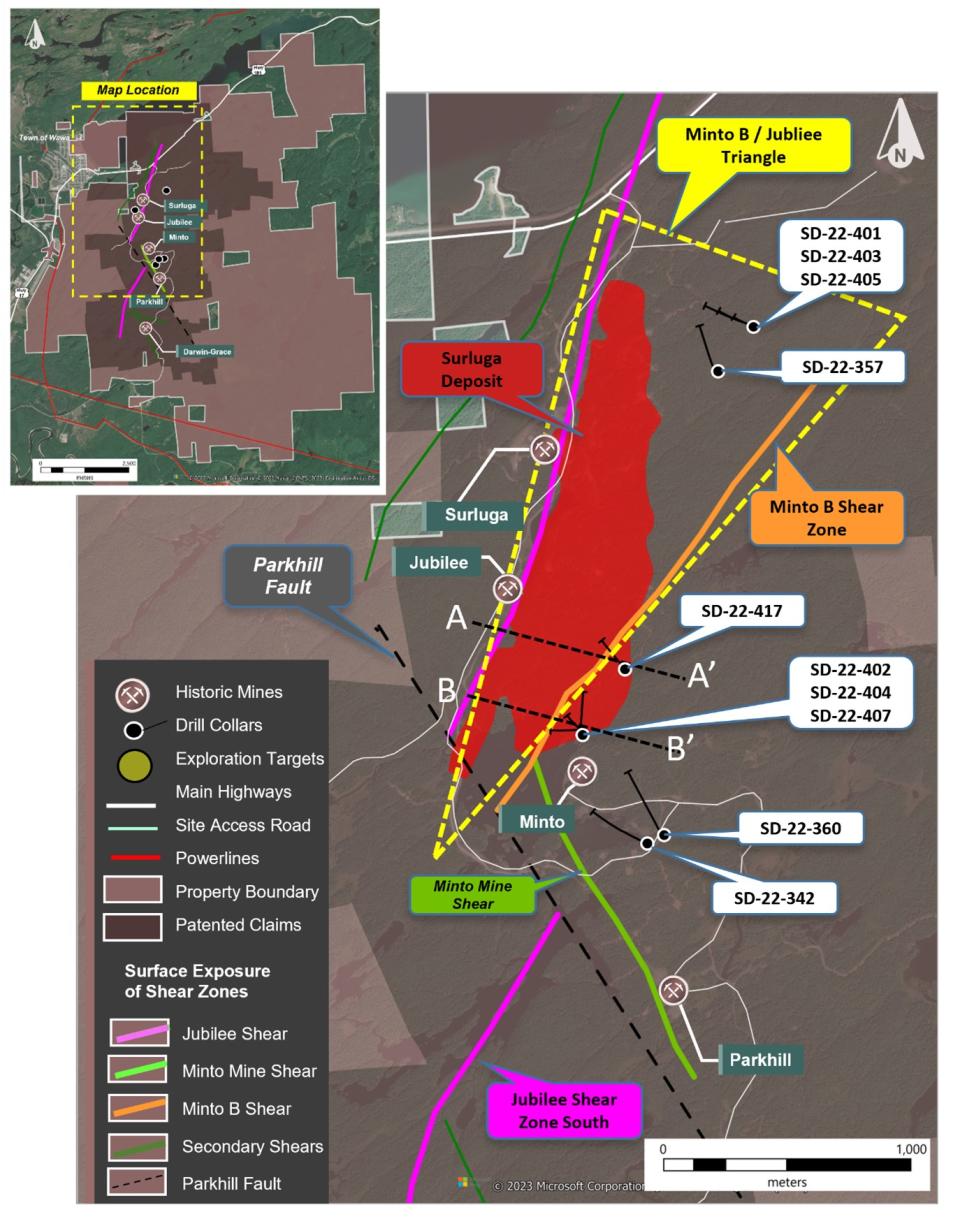 Location of the Minto B / Jubilee Triangle and the current drill hole collar locations from the Surluga Area