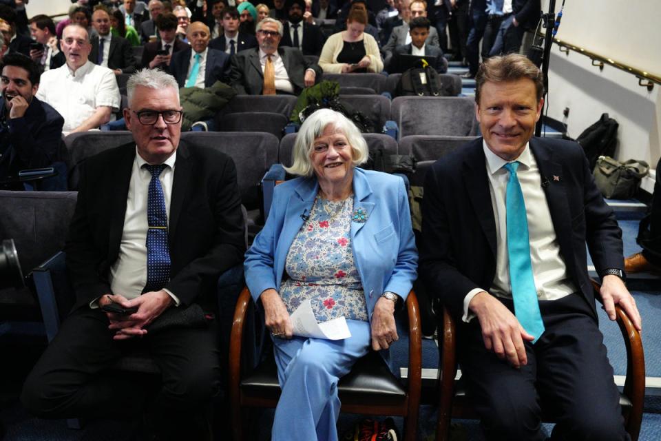 Lee Anderson, former MP Ann Widdecombe, and Reform UK leader Richard Tice at the party’s election launch on Thursday (Getty Images)